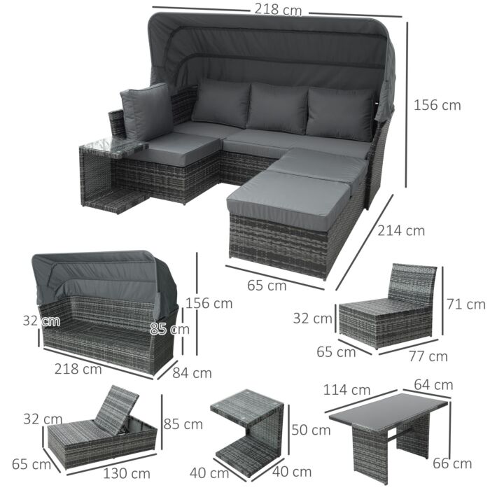 Outsunny 5-seater Outdoor Rattan Garden Sofa Sets Reclining Sofa Adjustable Canopy & Side Dining Table Set, Mixed Grey