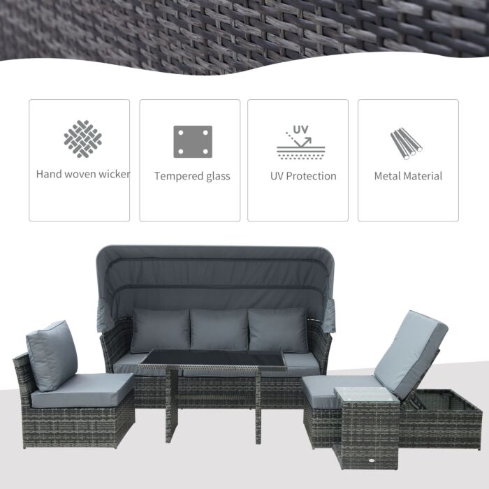 Outsunny 5-seater Outdoor Rattan Garden Sofa Sets Reclining Sofa Adjustable Canopy & Side Dining Table Set, Mixed Grey