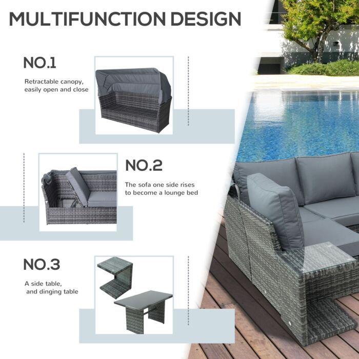 Outsunny 5-seater Outdoor Rattan Garden Sofa Sets Reclining Sofa Adjustable Canopy & Side Dining Table Set, Mixed Grey