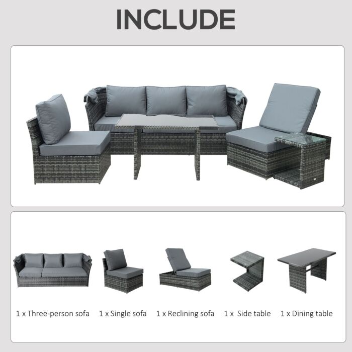 Outsunny 5-seater Outdoor Rattan Garden Sofa Sets Reclining Sofa Adjustable Canopy & Side Dining Table Set, Mixed Grey
