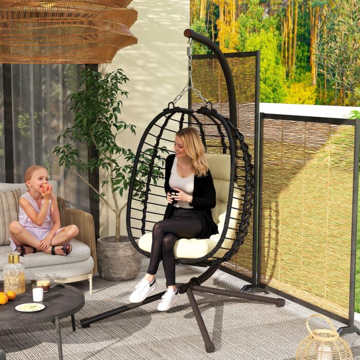 Outsunny Rattan Hanging Egg Chair, Foldable Wicker Hammock Swing Chair With Cushion, Stand, Adjustable Height, Head Pillow, Steel Frame For Garden Patio Indoor Outdoor, Cream White
