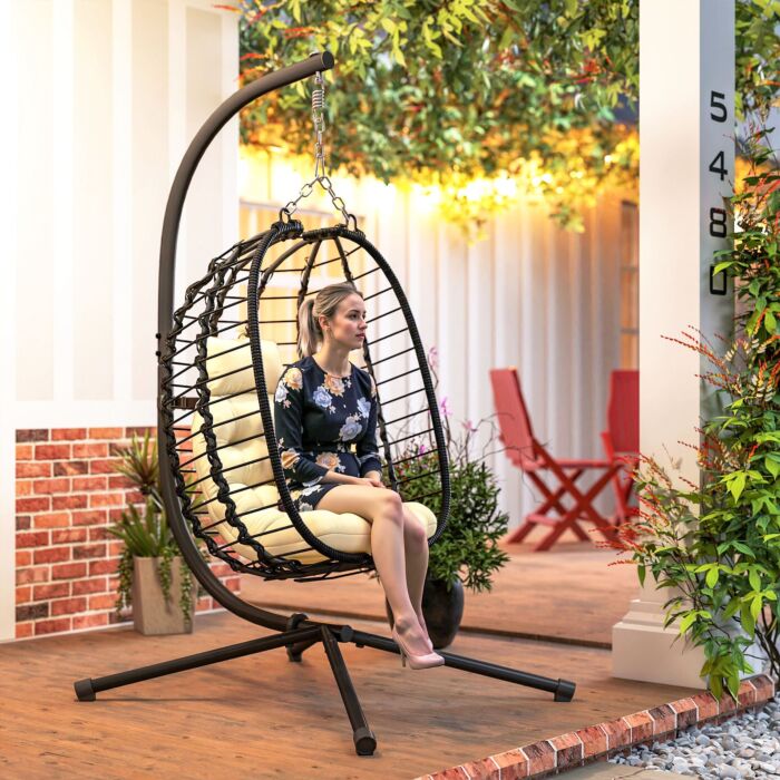 Outsunny Rattan Hanging Egg Chair, Foldable Wicker Hammock Swing Chair With Cushion, Stand, Adjustable Height, Head Pillow, Steel Frame For Garden Patio Indoor Outdoor, Cream White