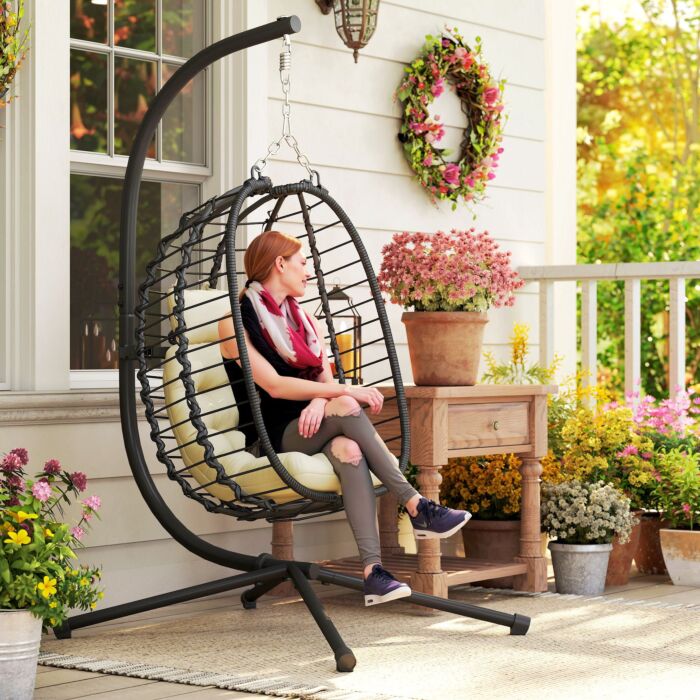 Outsunny Rattan Hanging Egg Chair, Foldable Wicker Hammock Swing Chair With Cushion, Stand, Adjustable Height, Head Pillow, Steel Frame For Garden Patio Indoor Outdoor, Cream White