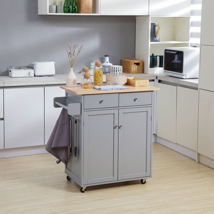 Homcom Rolling Kitchen Island On Wheels, Utility Serving Cart With Rubber Wood Top, Towel Rack, Hooks And Storage Drawers, Grey