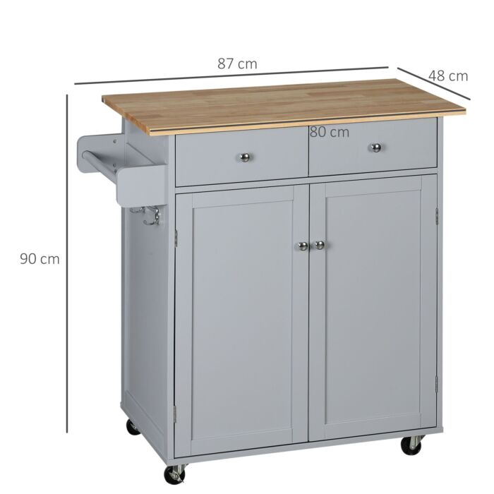 Homcom Rolling Kitchen Island On Wheels, Utility Serving Cart With Rubber Wood Top, Towel Rack, Hooks And Storage Drawers, Grey