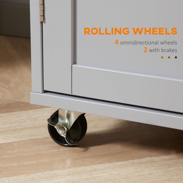 Homcom Rolling Kitchen Island On Wheels, Utility Serving Cart With Rubber Wood Top, Towel Rack, Hooks And Storage Drawers, Grey
