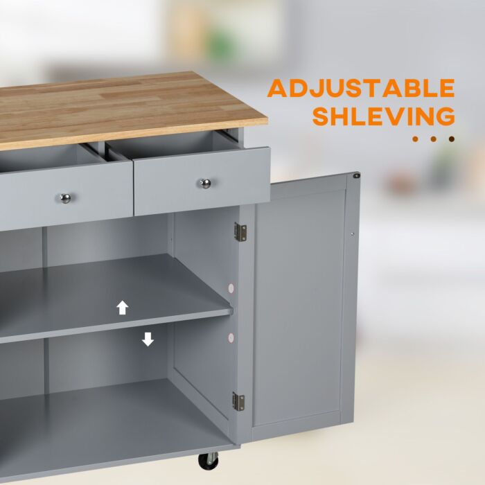 Homcom Rolling Kitchen Island On Wheels, Utility Serving Cart With Rubber Wood Top, Towel Rack, Hooks And Storage Drawers, Grey