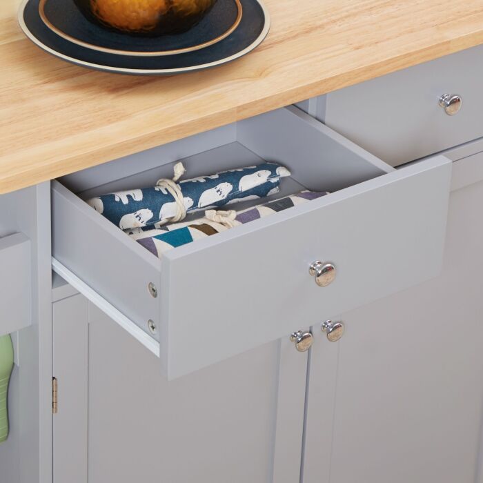 Homcom Rolling Kitchen Island On Wheels, Utility Serving Cart With Rubber Wood Top, Towel Rack, Hooks And Storage Drawers, Grey
