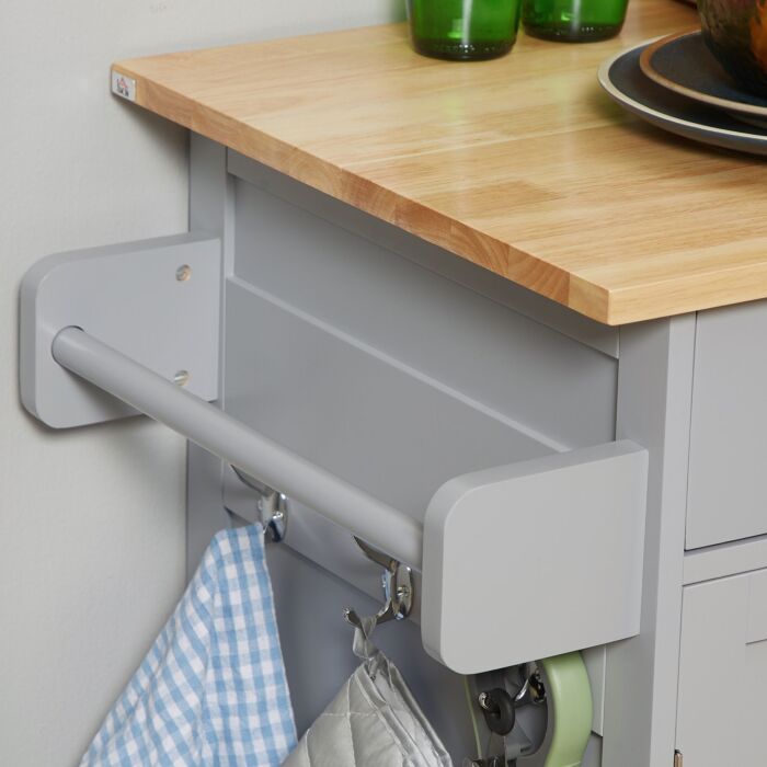 Homcom Rolling Kitchen Island On Wheels, Utility Serving Cart With Rubber Wood Top, Towel Rack, Hooks And Storage Drawers, Grey