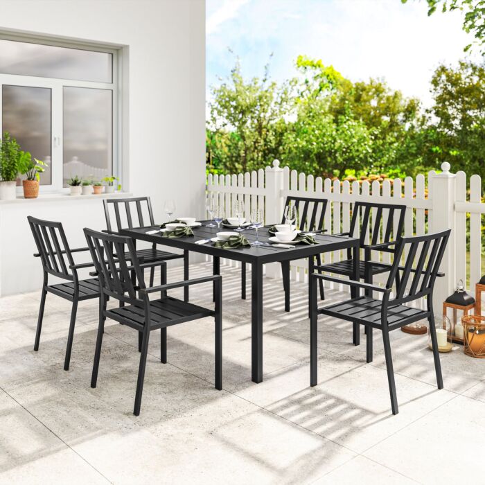 Outsunny 7 Pieces Garden Dining Set, Outdoor Table And 6 Stackable Chairs, Metal Top Table With Umbrella Hole, Black