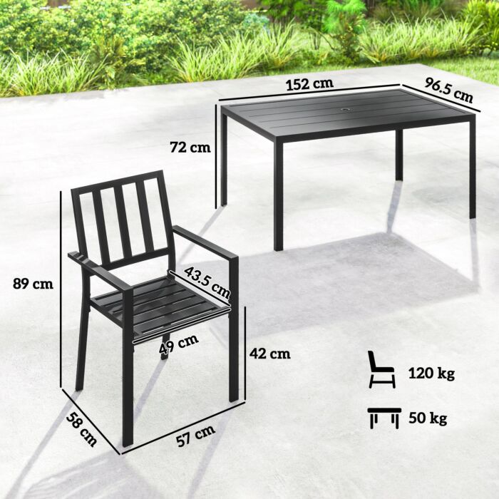 Outsunny 7 Pieces Garden Dining Set, Outdoor Table And 6 Stackable Chairs, Metal Top Table With Umbrella Hole, Black