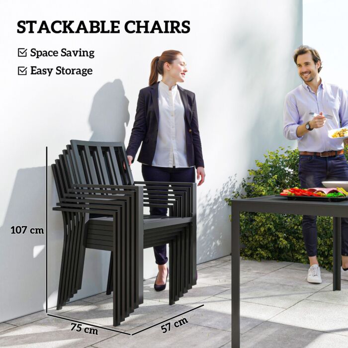 Outsunny 7 Pieces Garden Dining Set, Outdoor Table And 6 Stackable Chairs, Metal Top Table With Umbrella Hole, Black