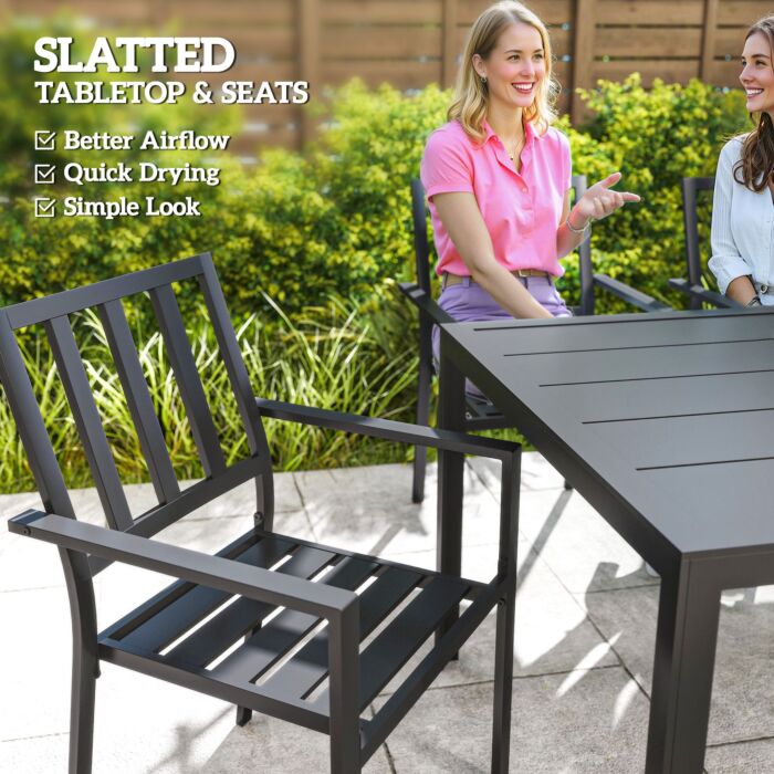 Outsunny 7 Pieces Garden Dining Set, Outdoor Table And 6 Stackable Chairs, Metal Top Table With Umbrella Hole, Black