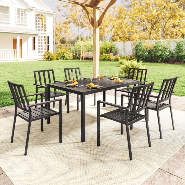 Outsunny 7 Pieces Garden Dining Set, Outdoor Table And 6 Stackable Chairs, Metal Top Table With Umbrella Hole, Black
