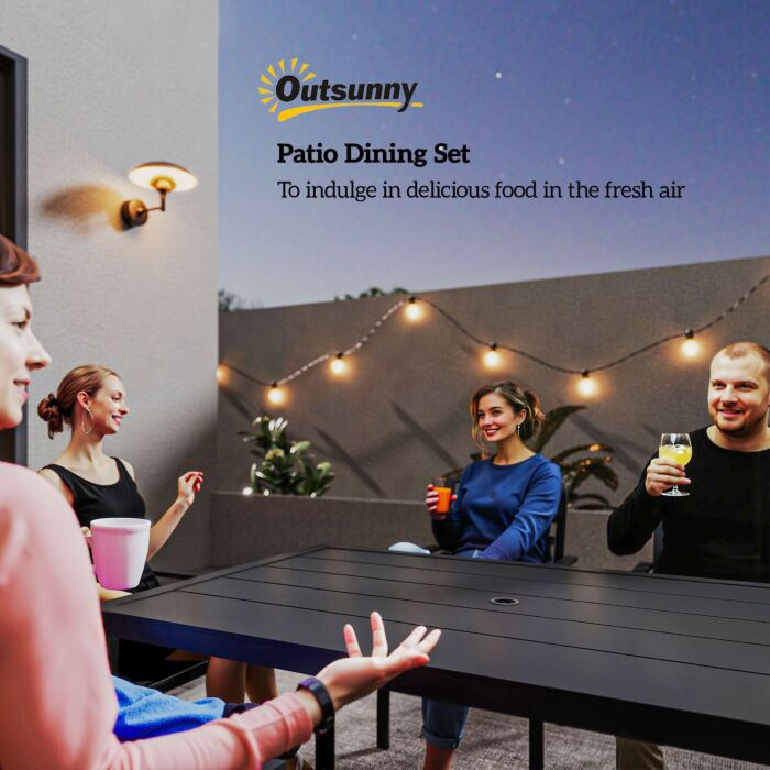Outsunny 7 Pieces Garden Dining Set, Outdoor Table And 6 Stackable Chairs, Metal Top Table With Umbrella Hole, Black