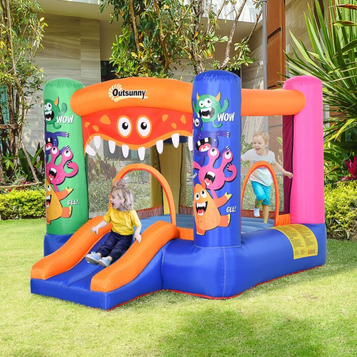 Outsunny Kids Bounce Castle House Inflatable Trampoline Slide Basket With Blower For Kids Age 3-8 Monster Design 2.5 X 1.8 X 1.75m Multi-color