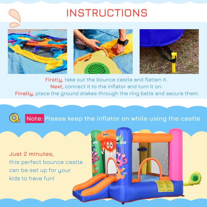 Outsunny Kids Bounce Castle House Inflatable Trampoline Slide Basket With Blower For Kids Age 3-8 Monster Design 2.5 X 1.8 X 1.75m Multi-color