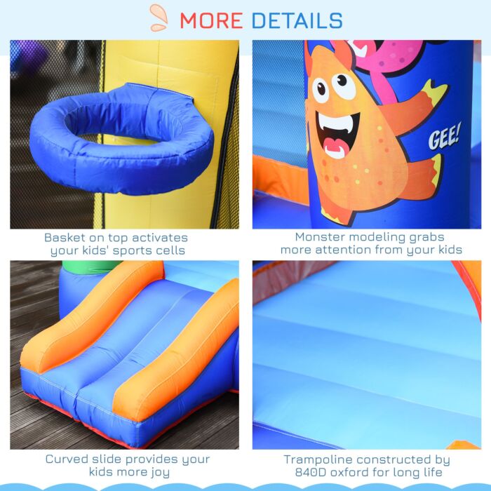 Outsunny Kids Bounce Castle House Inflatable Trampoline Slide Basket With Blower For Kids Age 3-8 Monster Design 2.5 X 1.8 X 1.75m Multi-color
