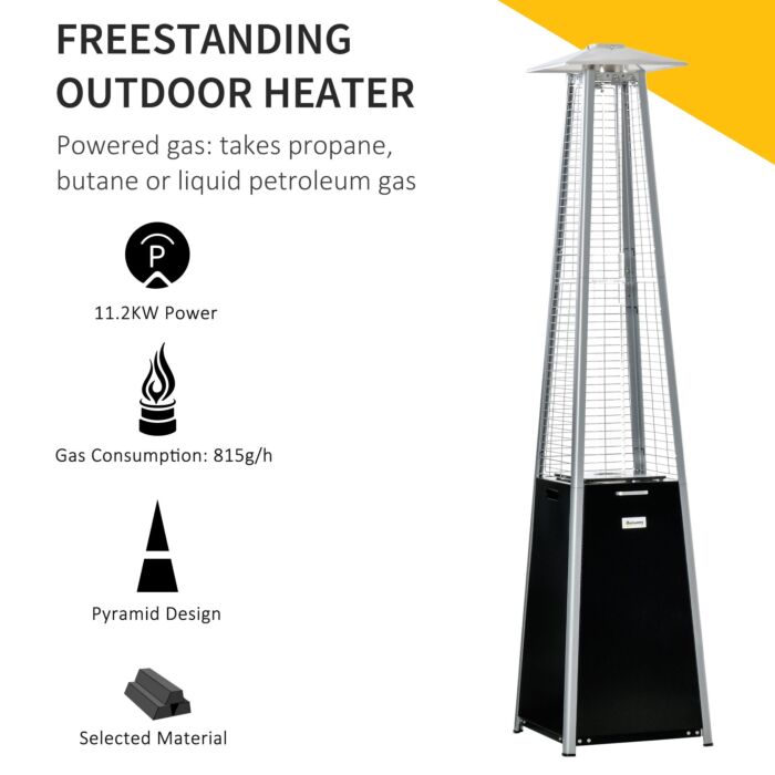 Outsunny 11.2kw Outdoor Patio Gas Heater Freestanding Pyramid Propane Heater Garden Tower Heater With Wheels, Dust Cover, Black, 50 X 50 X 225cm