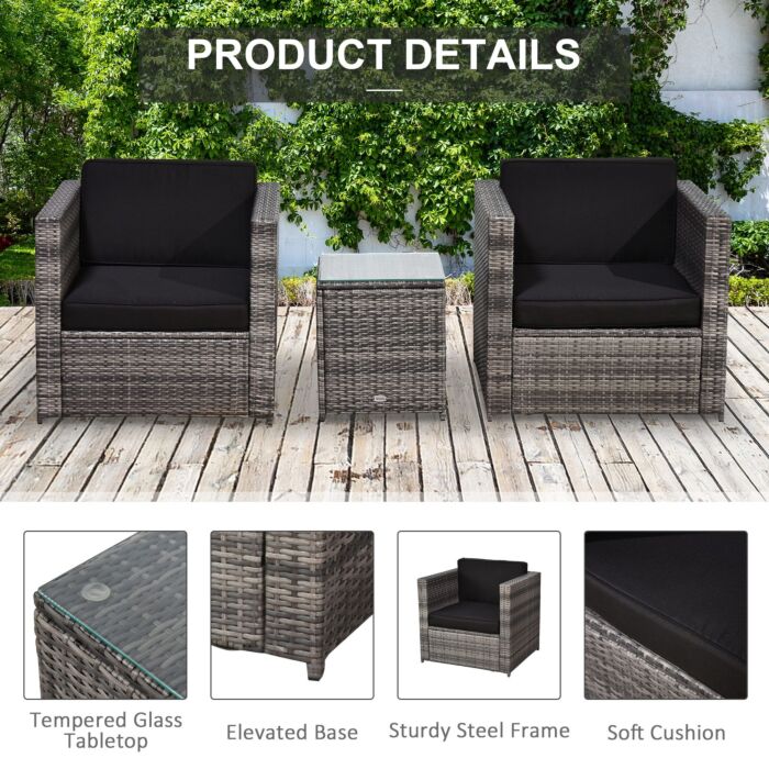 Outsunny 2 Seater Rattan Garden Furniture Sofa Furniture Set W/cushions, Steel Frame-grey