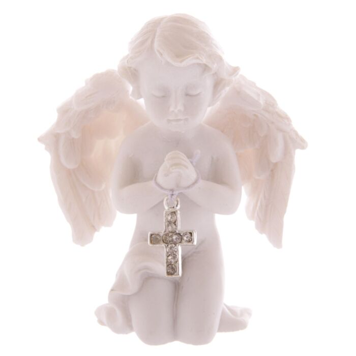 Cute Praying Cherub Figurine Holding Jewelled Silver Cross