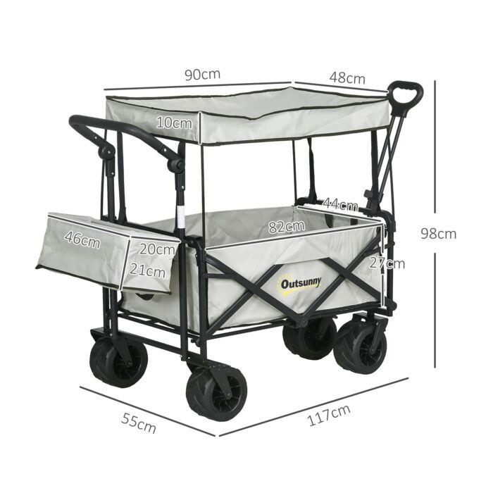 Outsunny Folding Trolley Cart Storage Wagon Beach Trailer 4 Wheels With Handle Overhead Canopy Cart Push Pull For Camping, Grey