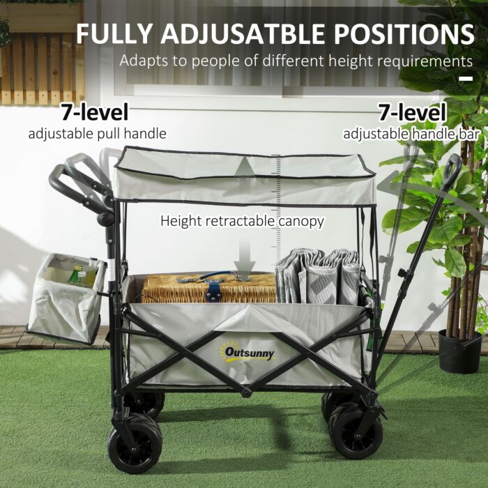 Outsunny Folding Trolley Cart Storage Wagon Beach Trailer 4 Wheels With Handle Overhead Canopy Cart Push Pull For Camping, Grey