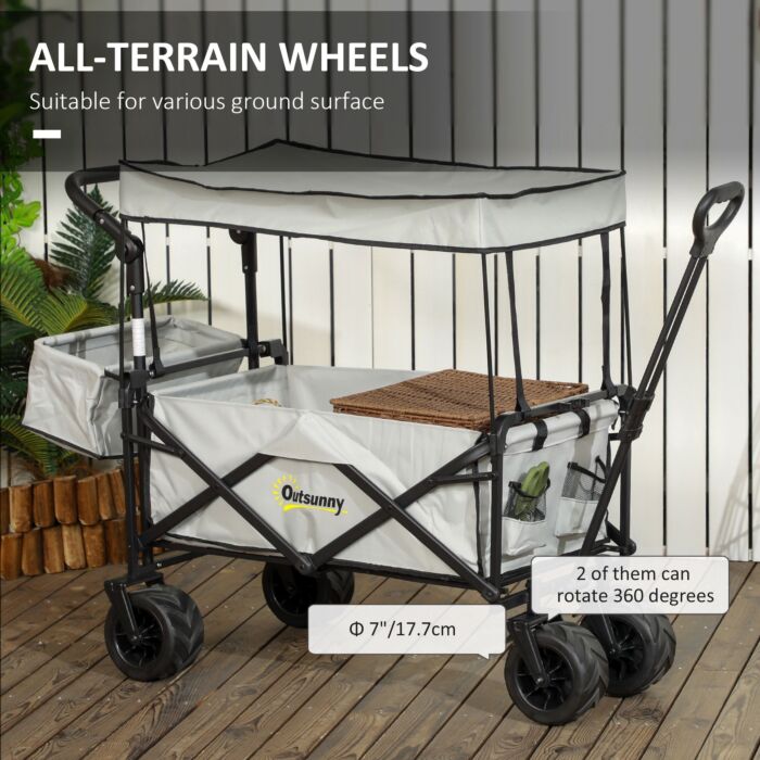 Outsunny Folding Trolley Cart Storage Wagon Beach Trailer 4 Wheels With Handle Overhead Canopy Cart Push Pull For Camping, Grey