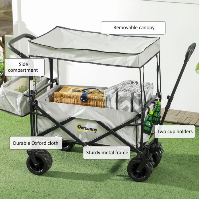 Outsunny Folding Trolley Cart Storage Wagon Beach Trailer 4 Wheels With Handle Overhead Canopy Cart Push Pull For Camping, Grey