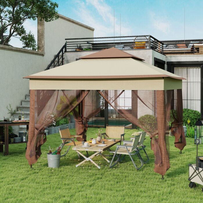 Outsunny 3 X 3(m) Pop Up Gazebo, Double-roof Garden Tent With Netting And Carry Bag, Party Event Shelter For Outdoor Patio, Khaki