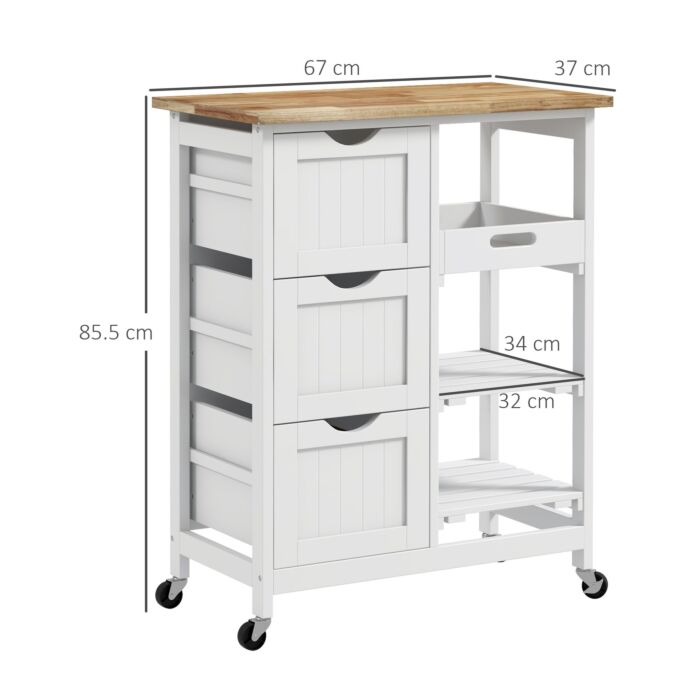 Homcom Rolling Kitchen Island Cart, Bar Serving Cart, Compact Trolley On Wheels With Wood Top, Shelves & Drawers For Home Dining Area, White