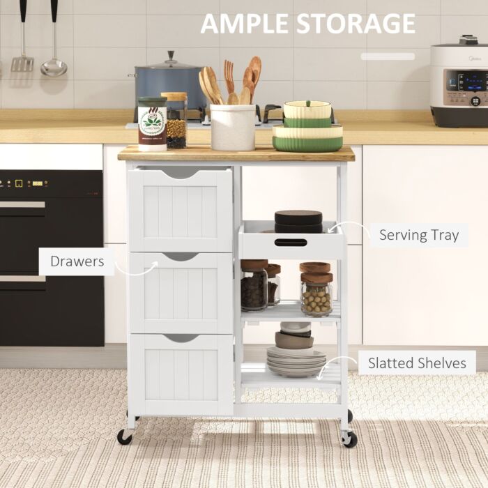 Homcom Rolling Kitchen Island Cart, Bar Serving Cart, Compact Trolley On Wheels With Wood Top, Shelves & Drawers For Home Dining Area, White