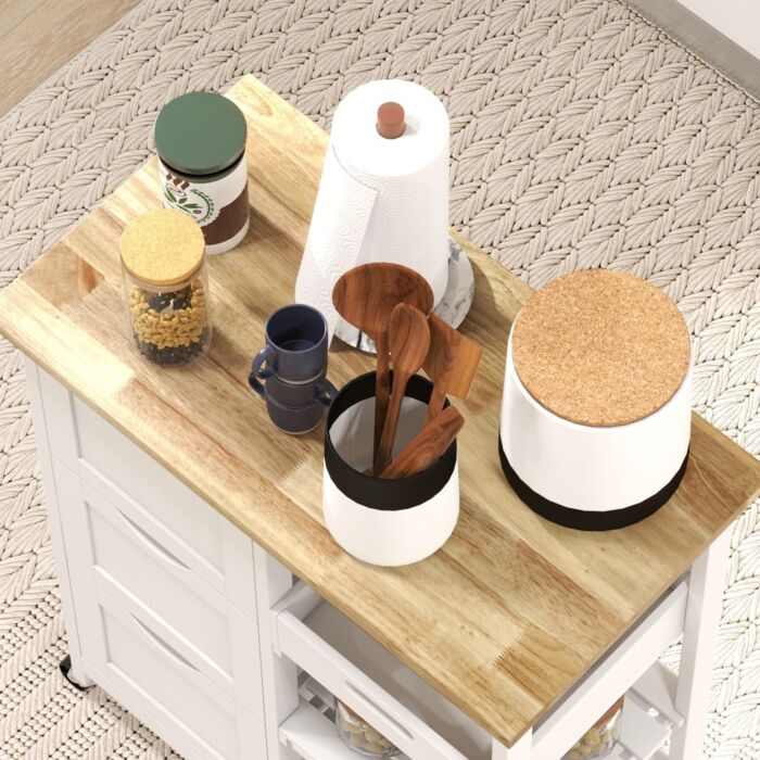 Homcom Rolling Kitchen Island Cart, Bar Serving Cart, Compact Trolley On Wheels With Wood Top, Shelves & Drawers For Home Dining Area, White