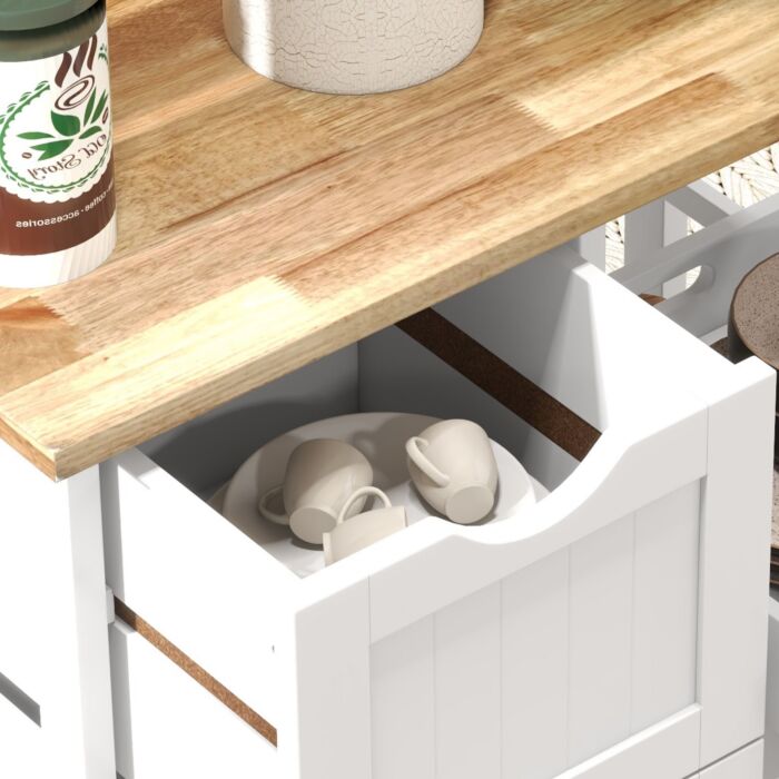 Homcom Rolling Kitchen Island Cart, Bar Serving Cart, Compact Trolley On Wheels With Wood Top, Shelves & Drawers For Home Dining Area, White