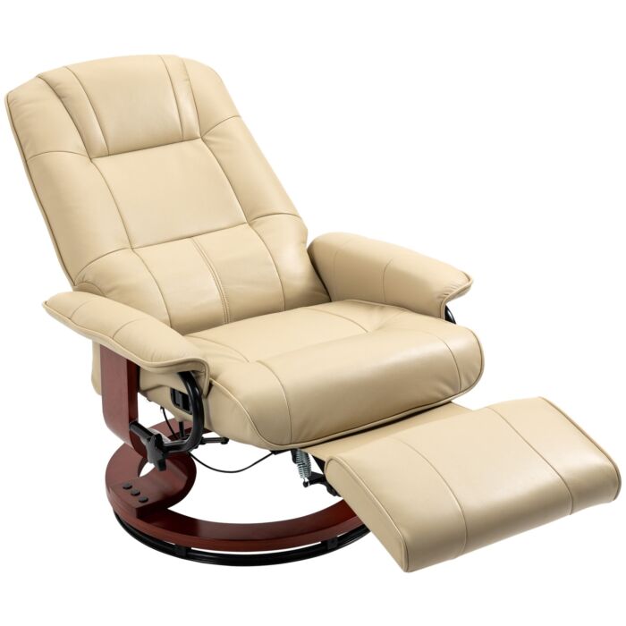 Homcom Swivel Recliner, Faux Leather Reclining Chair, Upholstered Armchair With Wooden Base For Living Room, Bedroom, Cream