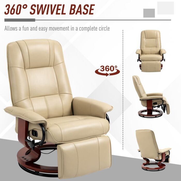 Homcom Swivel Recliner, Faux Leather Reclining Chair, Upholstered Armchair With Wooden Base For Living Room, Bedroom, Cream