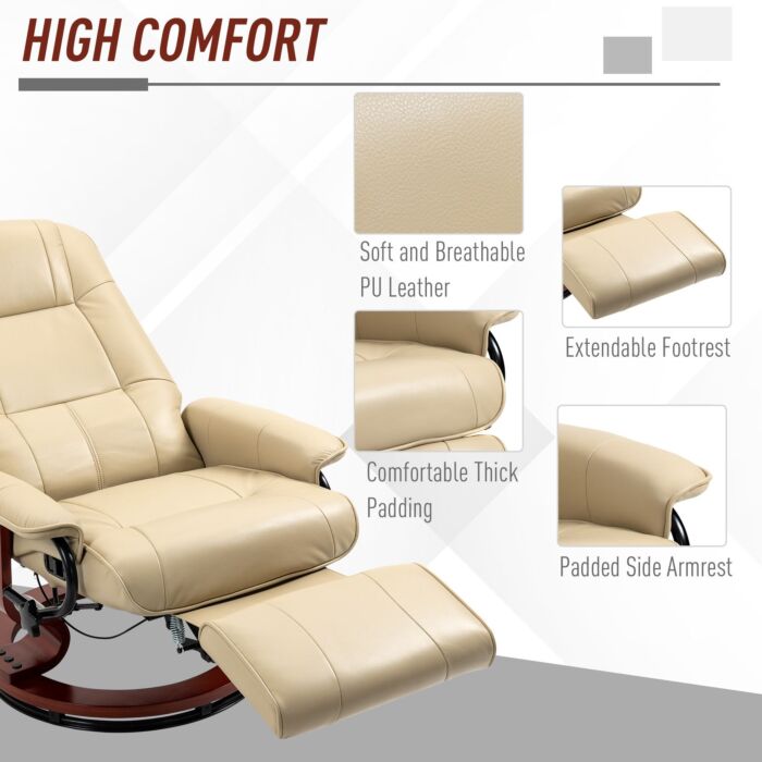 Homcom Swivel Recliner, Faux Leather Reclining Chair, Upholstered Armchair With Wooden Base For Living Room, Bedroom, Cream