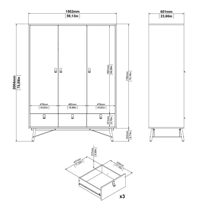 Ry Wardrobe 3 Doors + 3 Drawers In Jackson Hickory Oak