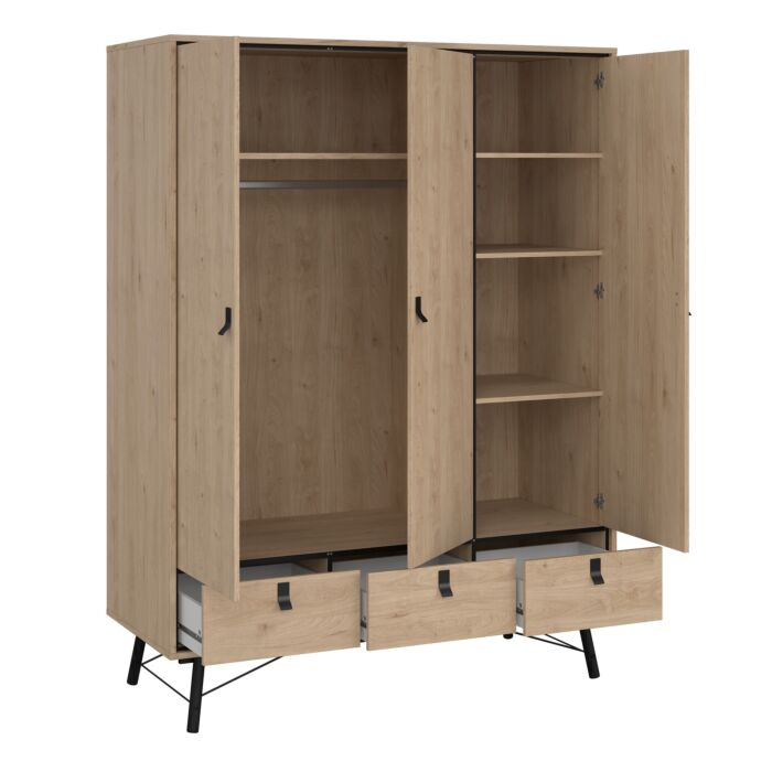 Ry Wardrobe 3 Doors + 3 Drawers In Jackson Hickory Oak