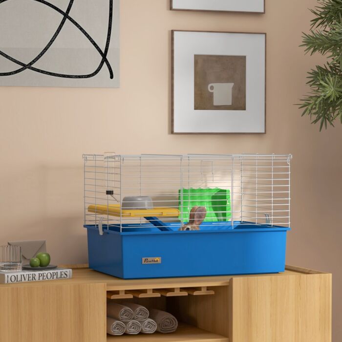 Pawhut Chinchillas Small Rabbit Guinea Pig Small Animal Cage, Pet Playhouse, With Platform, Ramp, 71 X 46 X 47cm, Blue