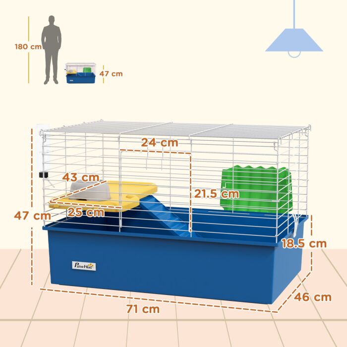 Pawhut Chinchillas Small Rabbit Guinea Pig Small Animal Cage, Pet Playhouse, With Platform, Ramp, 71 X 46 X 47cm, Blue