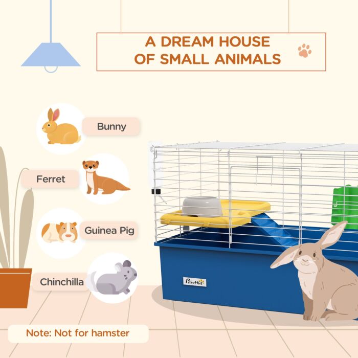 Pawhut Chinchillas Small Rabbit Guinea Pig Small Animal Cage, Pet Playhouse, With Platform, Ramp, 71 X 46 X 47cm, Blue