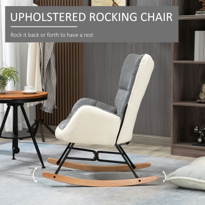 Homcom Rocking Chair For Nursery, Upholstered Wingback Armchair With Steel And Wood Legs, Grey And Cream