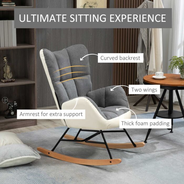 Homcom Rocking Chair For Nursery, Upholstered Wingback Armchair With Steel And Wood Legs, Grey And Cream