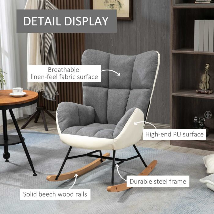 Homcom Rocking Chair For Nursery, Upholstered Wingback Armchair With Steel And Wood Legs, Grey And Cream