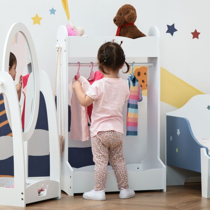 Homcom Kids Wood Clothes Rack Hall Tree With Storage Shelves Children Garment Rack Freestanding Wardrobe For 3-8 Years Toddler, White