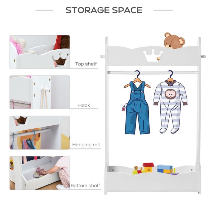 Homcom Kids Wood Clothes Rack Hall Tree With Storage Shelves Children Garment Rack Freestanding Wardrobe For 3-8 Years Toddler, White