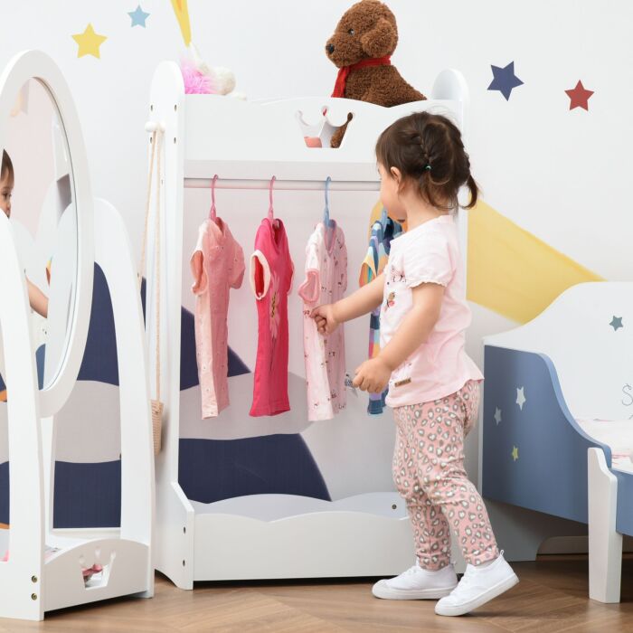 Homcom Kids Wood Clothes Rack Hall Tree With Storage Shelves Children Garment Rack Freestanding Wardrobe For 3-8 Years Toddler, White
