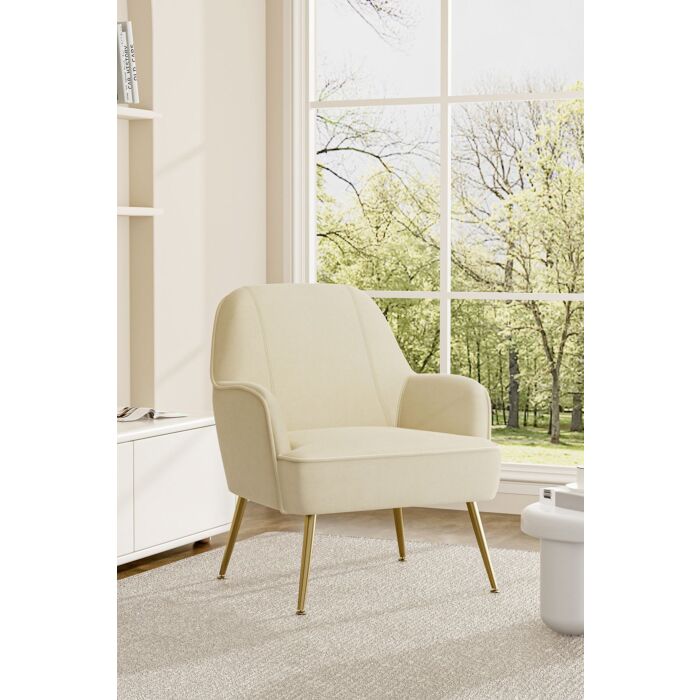 White Warp-knitted Velvet Upholstered Armchair With Gold Metal Legs