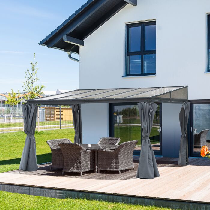 Outsunny 4 X 3(m) Outdoor Hardtop Pergola Pc Roof Wall Lean To Aluminium Gazebo Party Tent Garden Sun Shelter Marquee Pavilion With Curtains, Grey